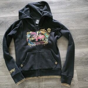 New VTG EckoRED Black Multicolor Gold Y2K Crown Graffiti Sz S Full Zip Hoodie‎